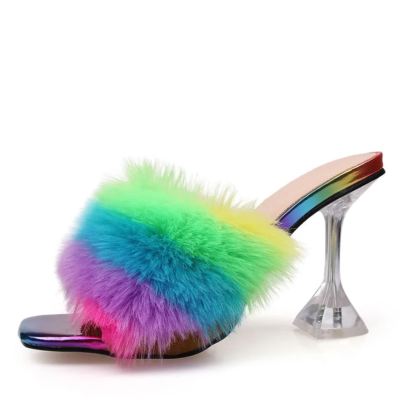Summer Woman Pumps Transparent Perspex High Heels Fashion Color Feather Fur Peep Toe Mules Slippers Ladies Slides Shoes Sandals