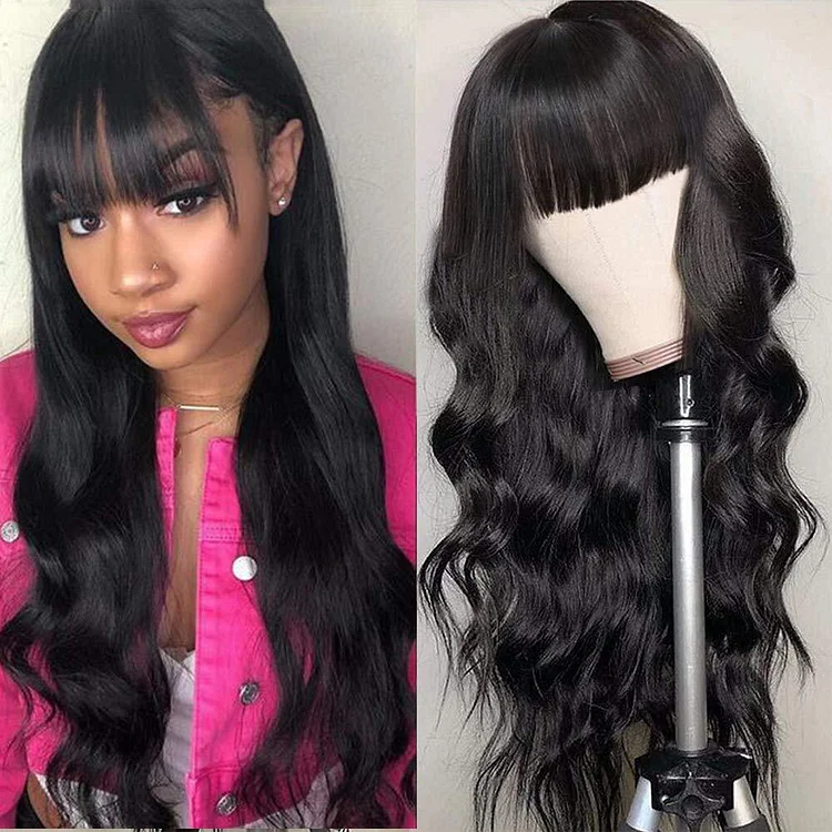 Black Long Hair Loose Deep Wave Wigs with Bangs for Black Women 150% Density