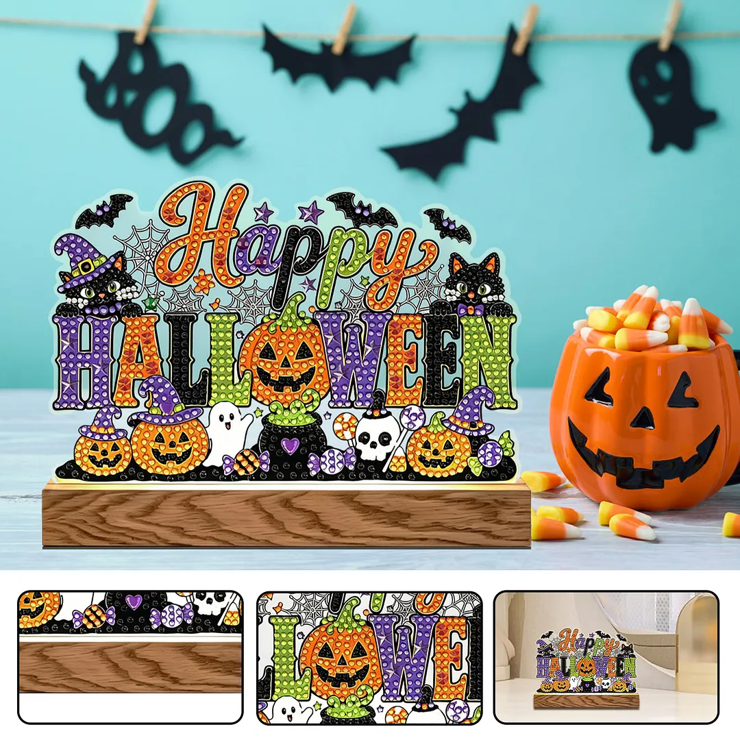 Halloween DIY Acrylic Diamond Painting Night Light for Adults Beginner Diamond Art Table Lamp with Wooden Base for Woman Man Desk Bedroom Tabletop Decor