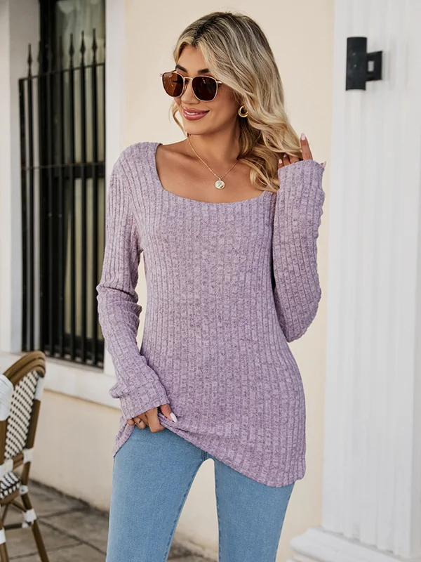 Casual Long Sleeves Skinny Solid Color Square-Neck Sweater Tops