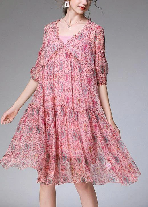 Handmade Pink Print Chiffon Patchwork Summer Ankle Dress