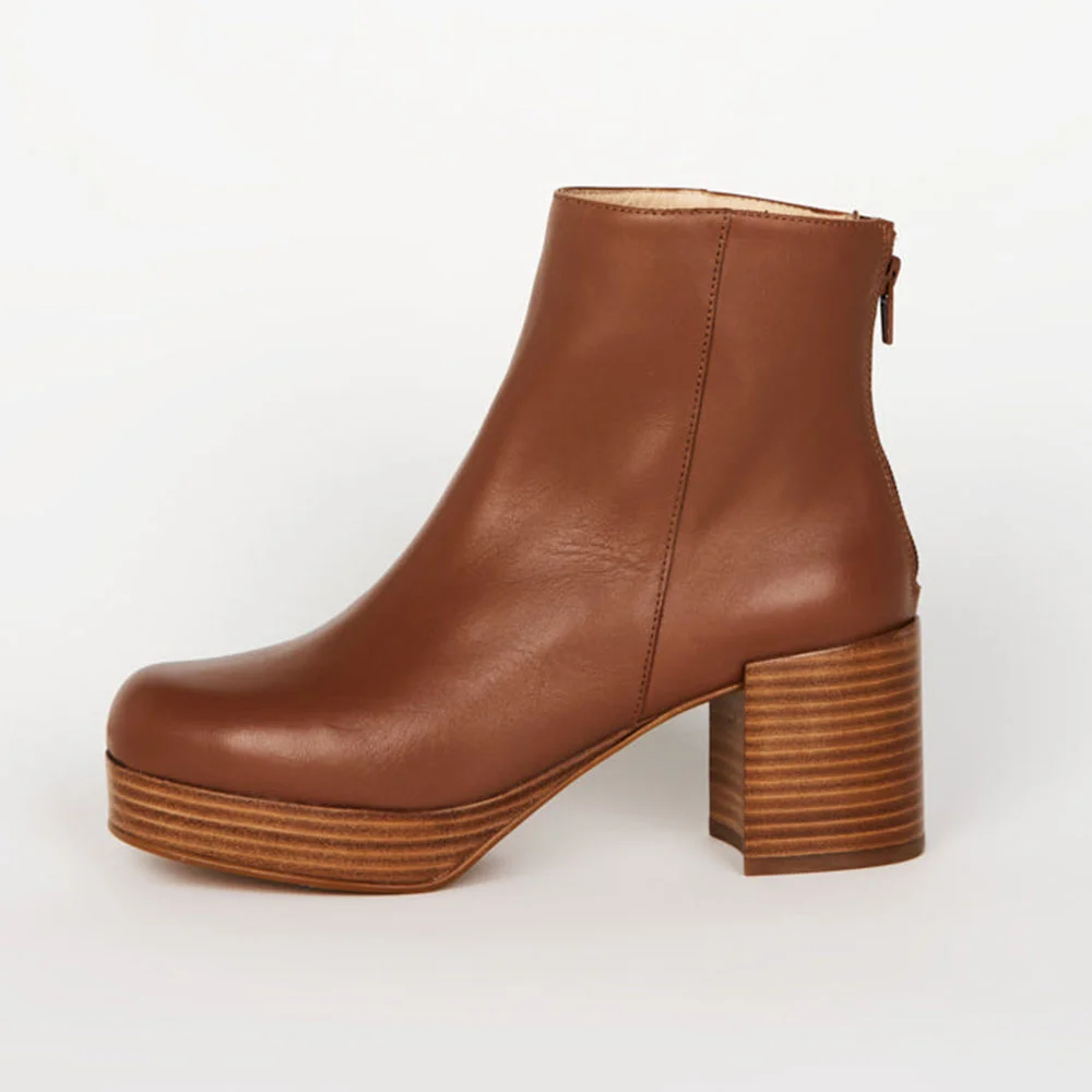 Brown Vegan Leather Round Toe Zipper Platform Heeled Ankle Boots