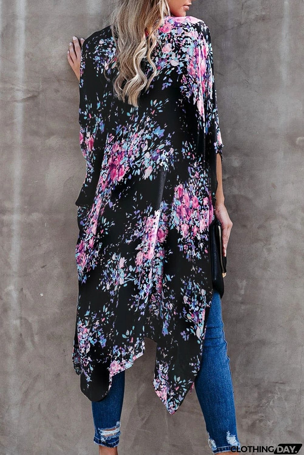 Floral Kimono Sleeves Chiffon Loose Beach Cover Up