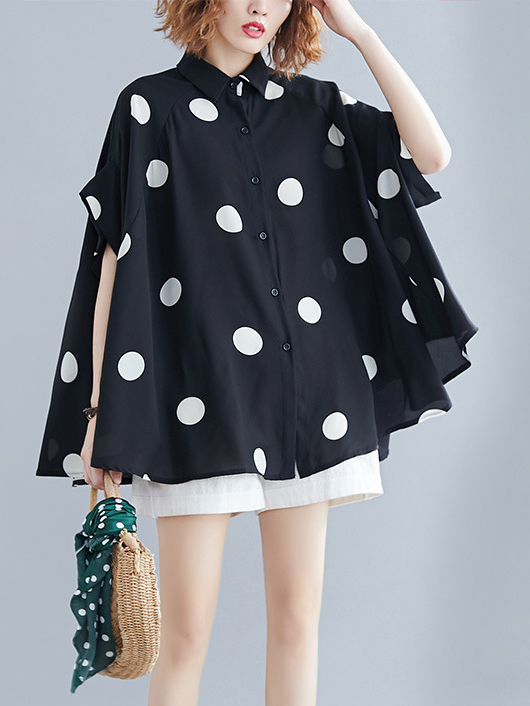 Polka Dot Bat Wing Sleeve Shirt Collar Loose Shirt