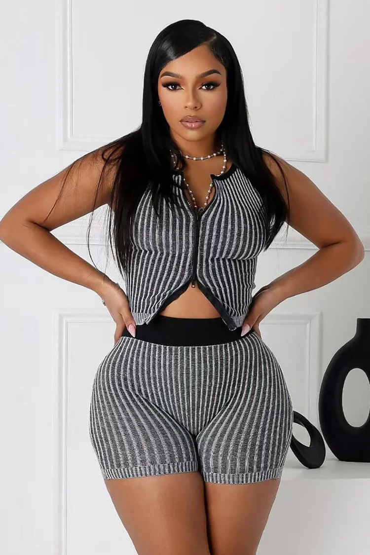 Striped Knit Sleeveless Top High Waist Slim Fit Shorts 2pcs Set-Black