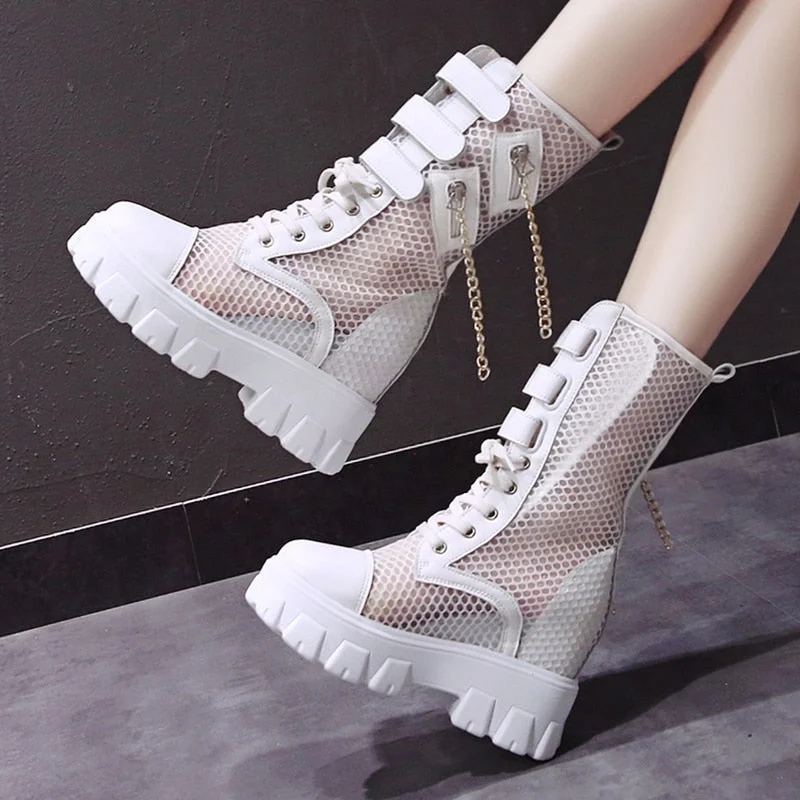 Chunky Platform Motorcycle Boots Women 2022 Summer Breathable Air Mesh Mid Calf Boots Woman Punk Height Increasing Shoes