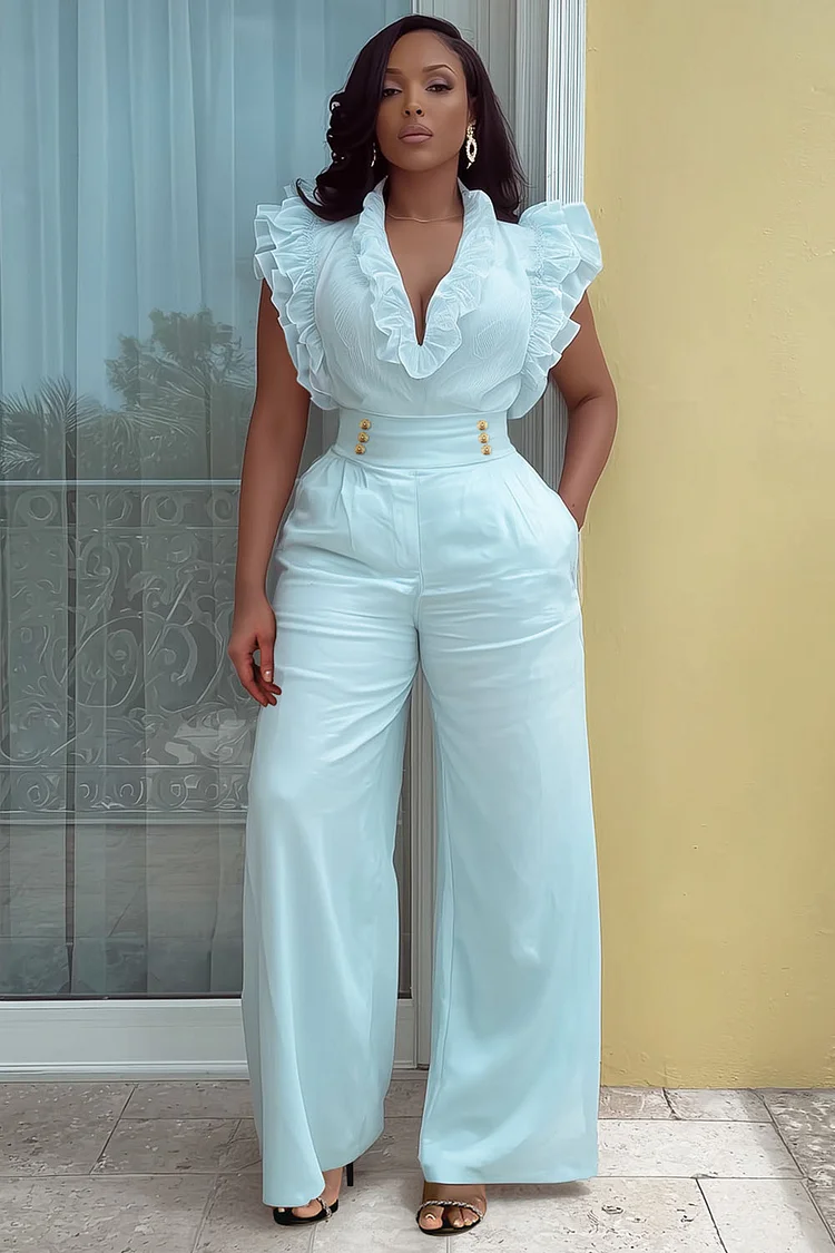 V Neck Ruffle Trim Sleeveless Top High-Rise Pants 2pcs Set-Blue [Pre Order]