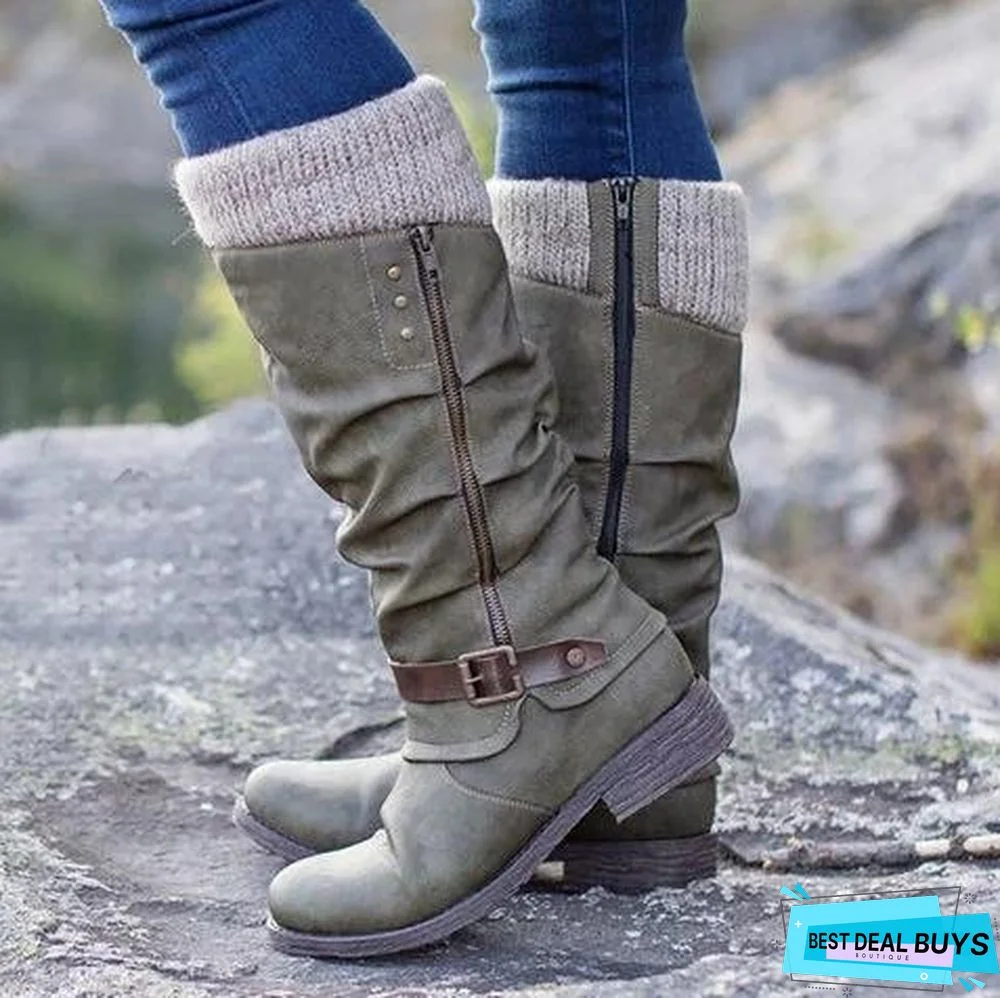 Women Casual Winter Knitted Zipper Mid Calf Boots