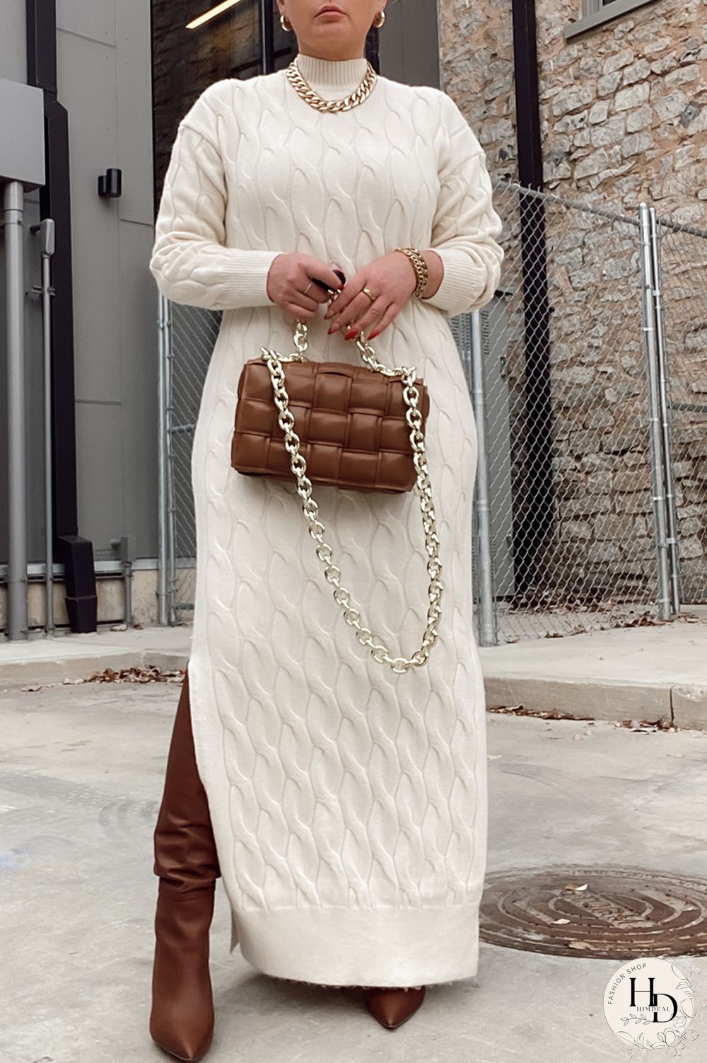 Apricot Casual Slit Mandarin Collar Dresses