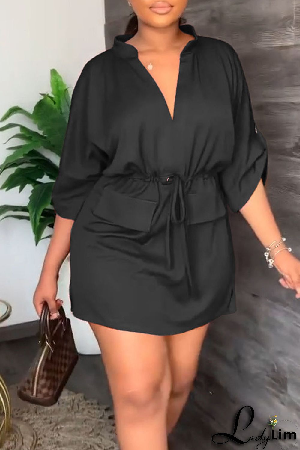 Tangerine Casual Solid Patchwork Draw String V Neck Straight Dresses