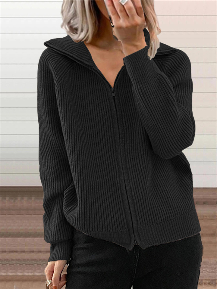 Casual Loose Zipper Cardigan Long Sleeve Lapel Knit Sweater