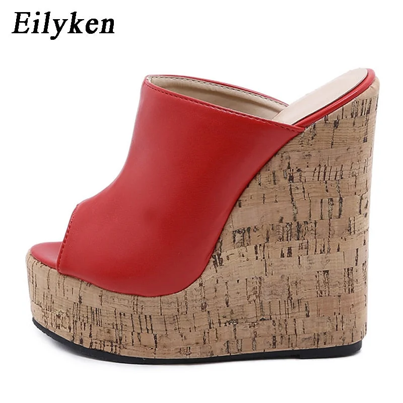 Newest Peep Toe Platform Wedge Slippers Black Summer Shoes Woman Sexy Super High Sandal Slippers Black 35-42 Mules