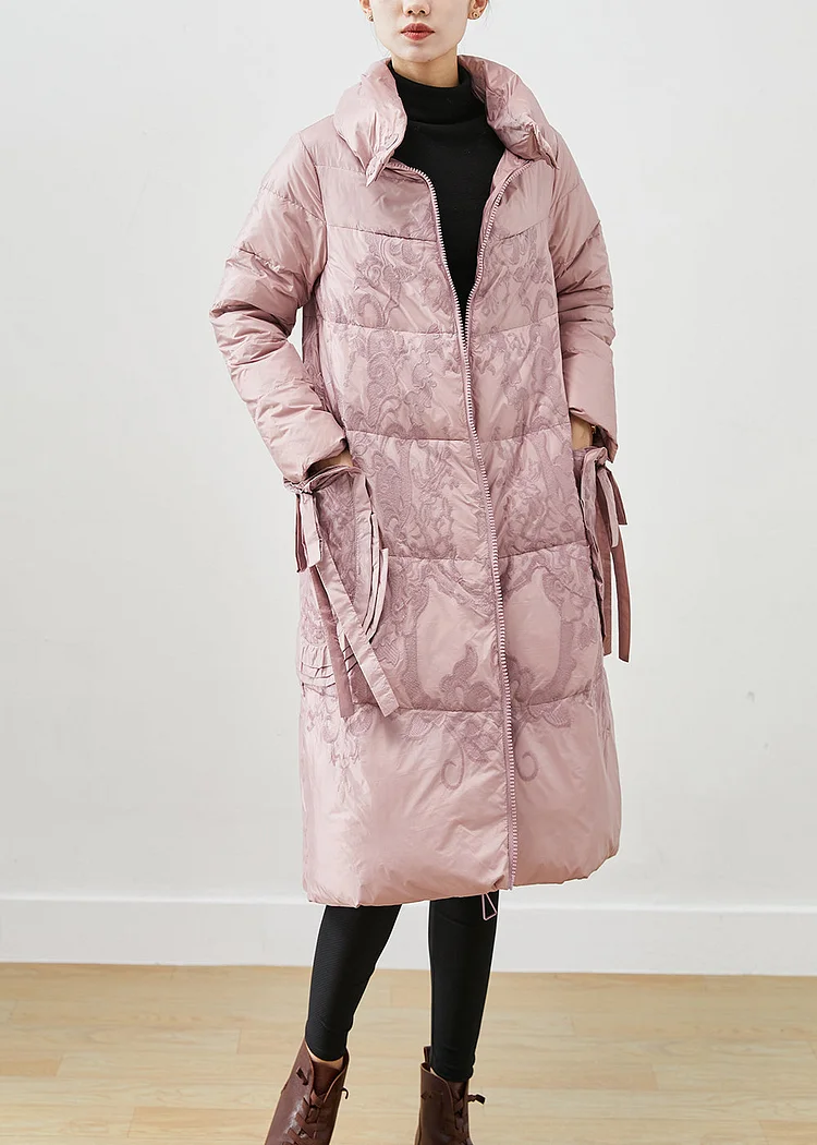 Art Pink Embroideried Bow Thick Duck Down Puffers Jackets Winter