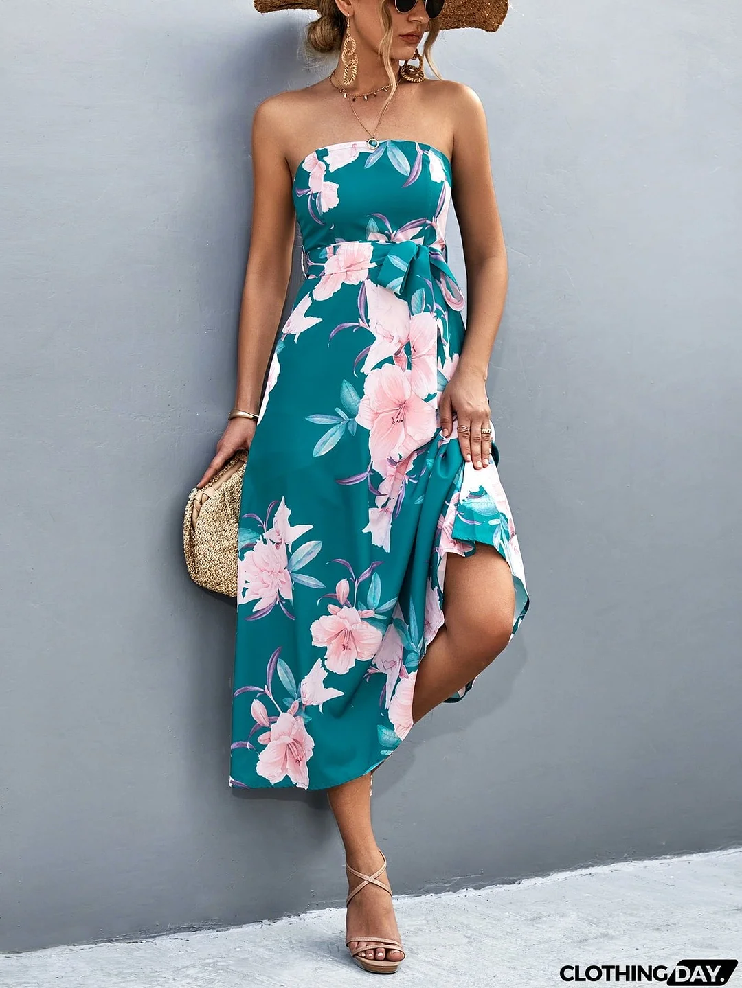 Floral Print Tie Waist Straight Neck Midi Dress
