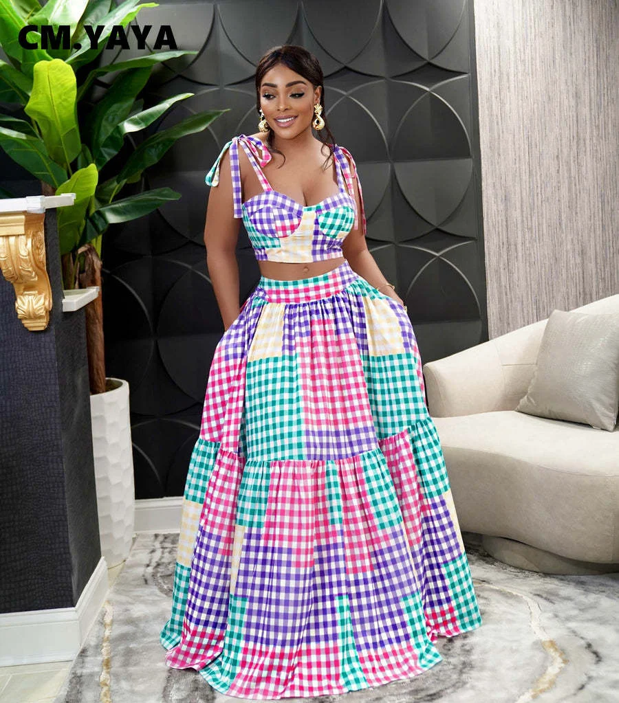 CM.YAYA Women Colorful Plaid Maxi Long Big Swing Skirts Suit and Crop Tops Matching Elegant Two 2 Piece Set Outfits 2022 Summer