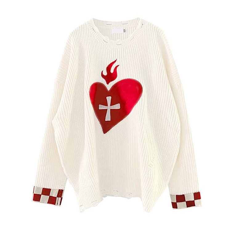 Love Heart Cross Embroudery Hole Casual Sweater - Modakawa Modakawa