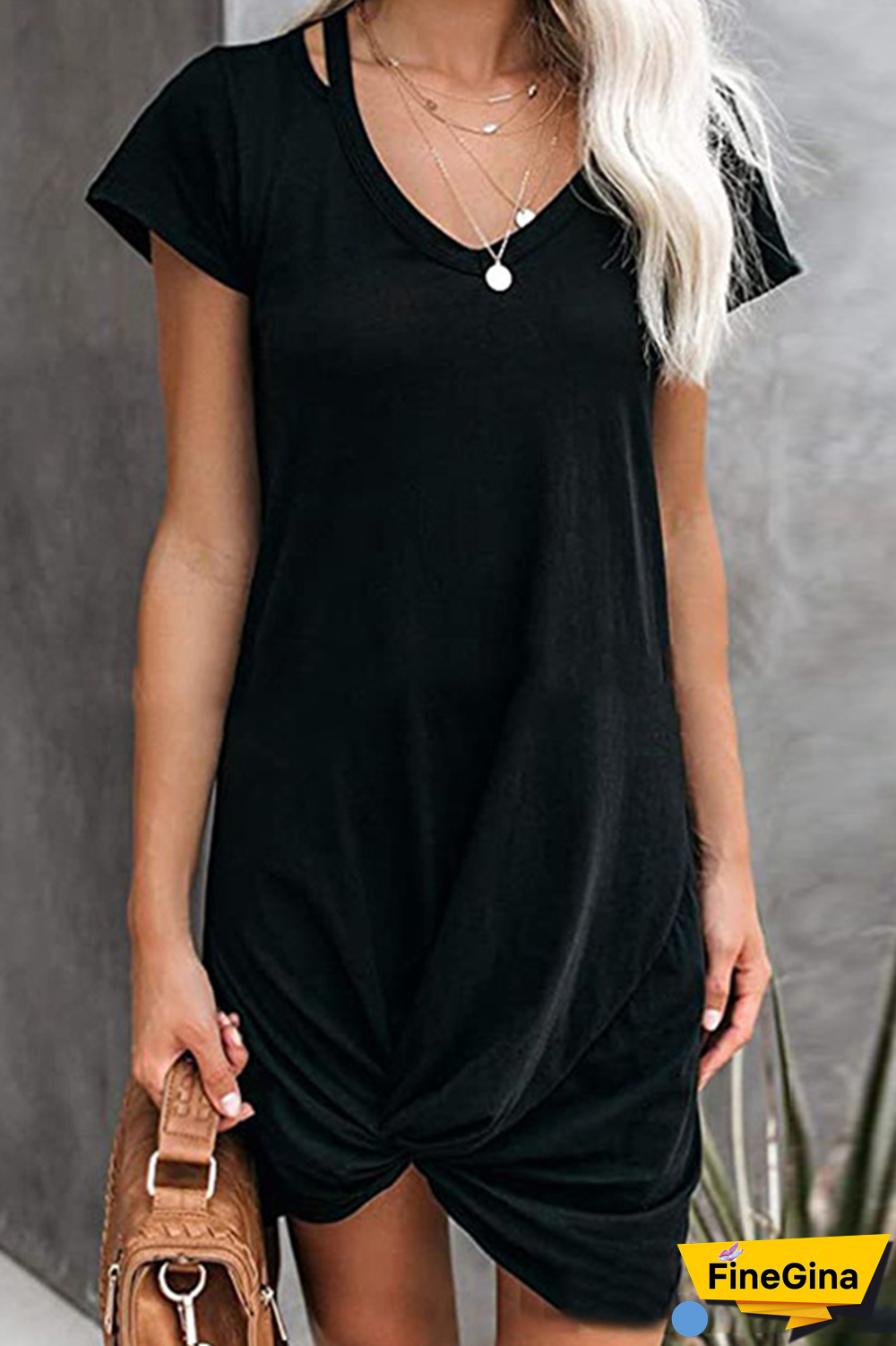 Casual Solid Fold V Neck A Line Mini Dresses(4 Colors)
