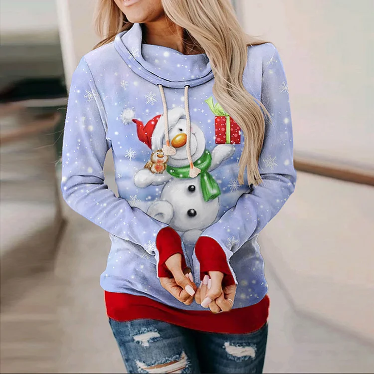 Casual Snowman Print Colorblock Sweatshirt