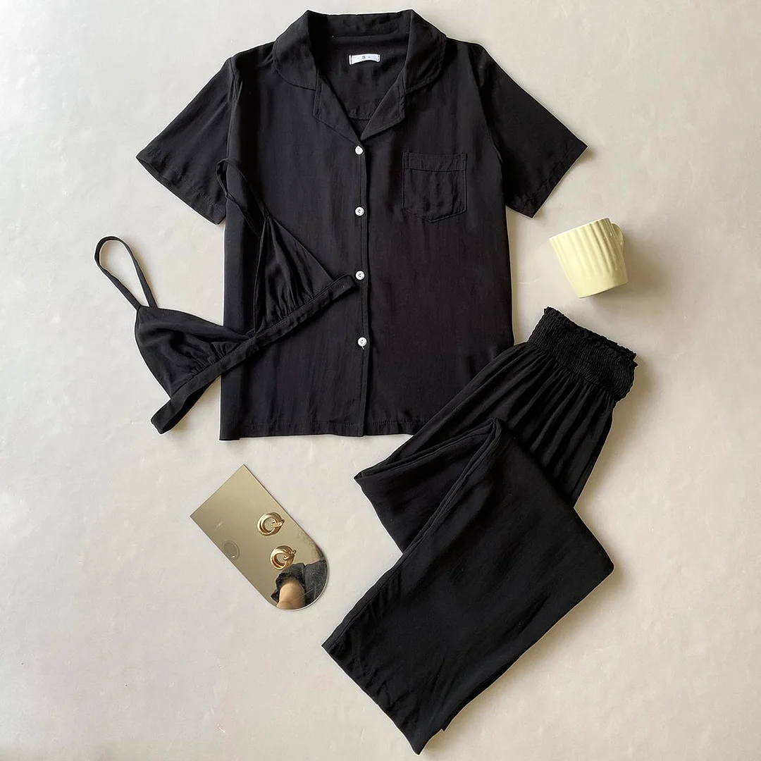Toloer Toloer Female Spring And Summer Short-Sleeved Cardigan Home Clothing Three Sets Outside Wear-Outfit Ideas