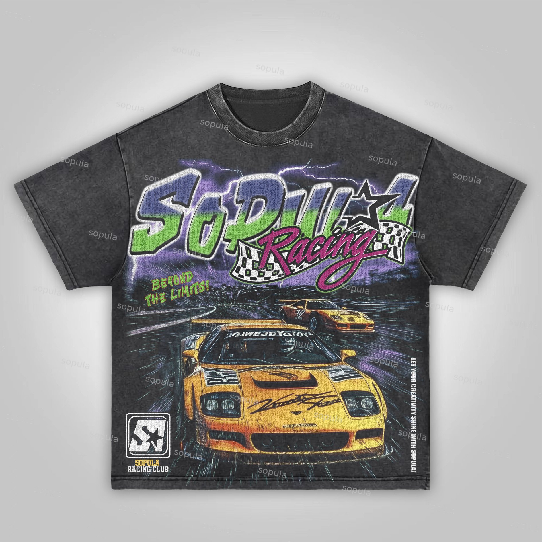 Sopula Race At Top Speed Racing Y2k Graphics Acid Washed T-Shirt