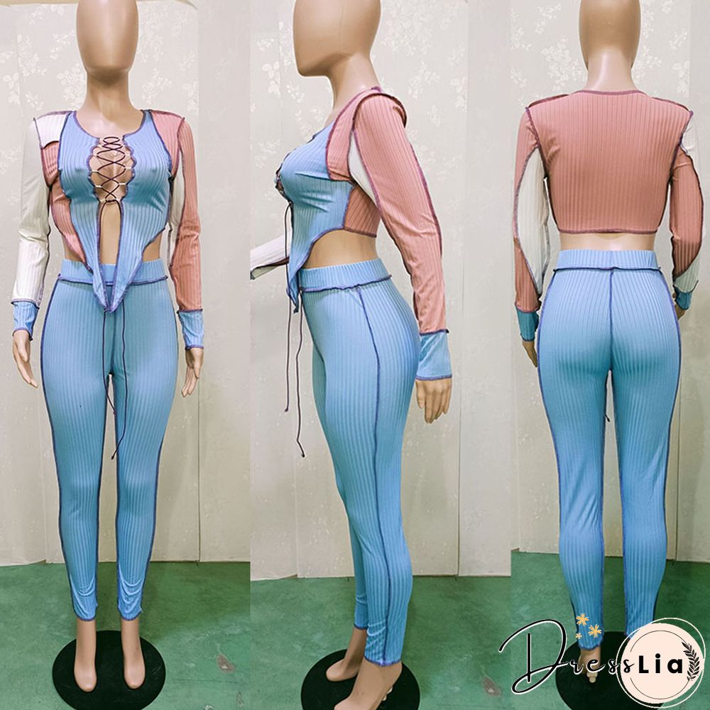 Knit Ribbed Piece Outfits For Women Matching Sets Irregular Crop Top And Pants Leggings