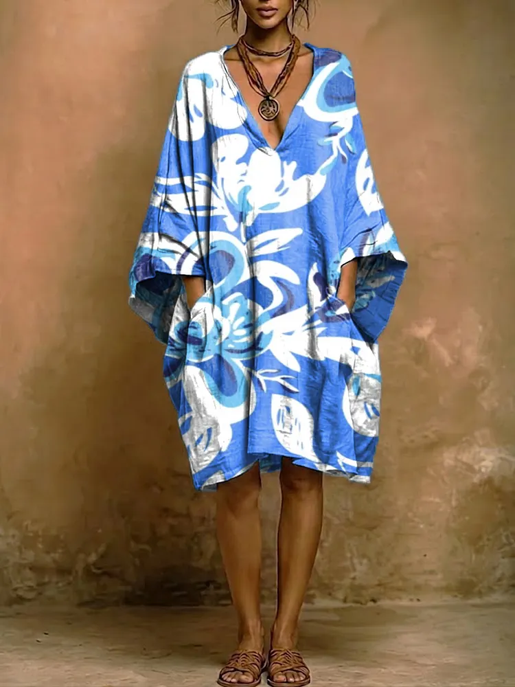 Bohemian Resort-style Floral Print V-neck Loose-fit Cotton-linen Dress