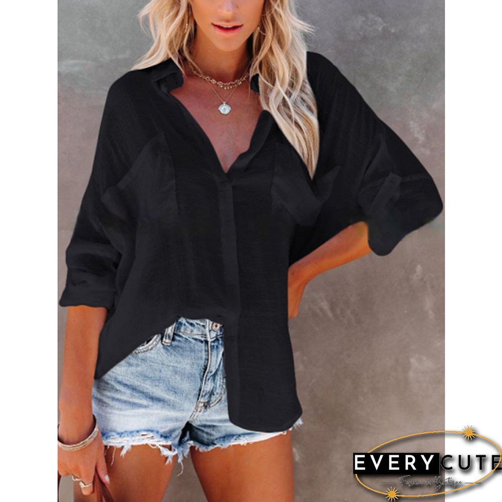 Black Lapel Collar Pocket Button Shirt