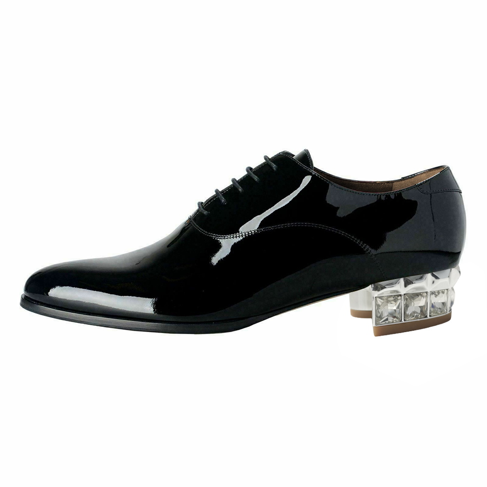 Black Patent Leather Decorative Heel Lace-Up Oxford Shoes for Women Nicepairs