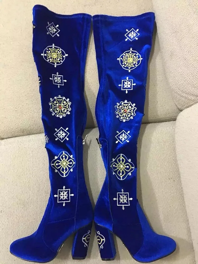Blue Velvet Floral Thigh High Chunky Heel Long Boots Vdcoo