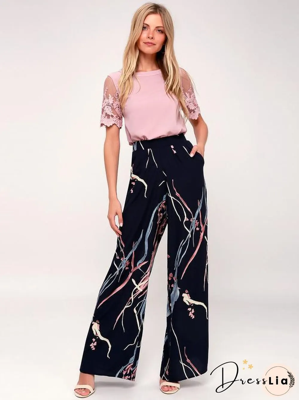 Pink Short Sleeve Floral Embroidered Office Lace Top