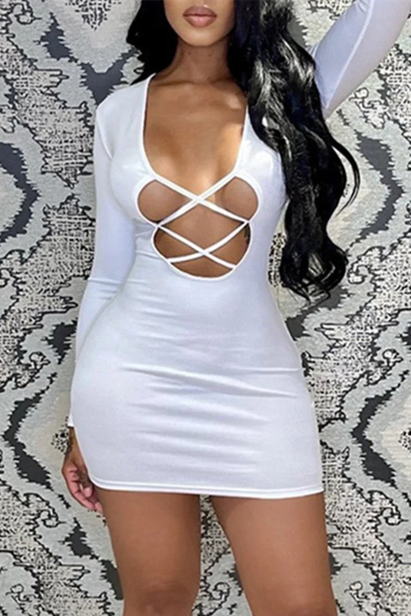 Fashion Sexy Solid Hollowed Out V Neck Long Sleeve Dresses