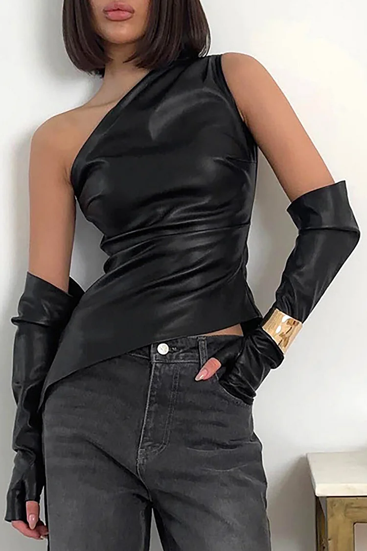 PU Leather One Shoulder Slim Fit Irregular Top Oversleeve Matching Set-Black