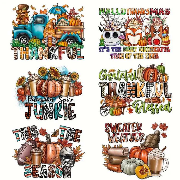 6pcs/pack Thanksgiving Day Designs DIY Heat Transfer For T-Shirt Hoodies Bags Mugs DIY Arts Craft