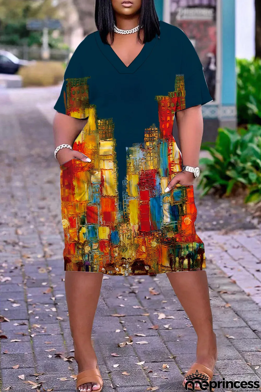 Orange Red Casual Print Patchwork Basic V Neck Short Sleeve Dress