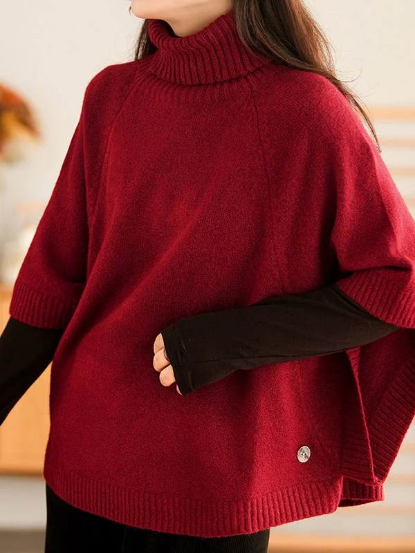 Casual 6% Wool Pure Color High-Neck Batwing Sleeves Pullover
