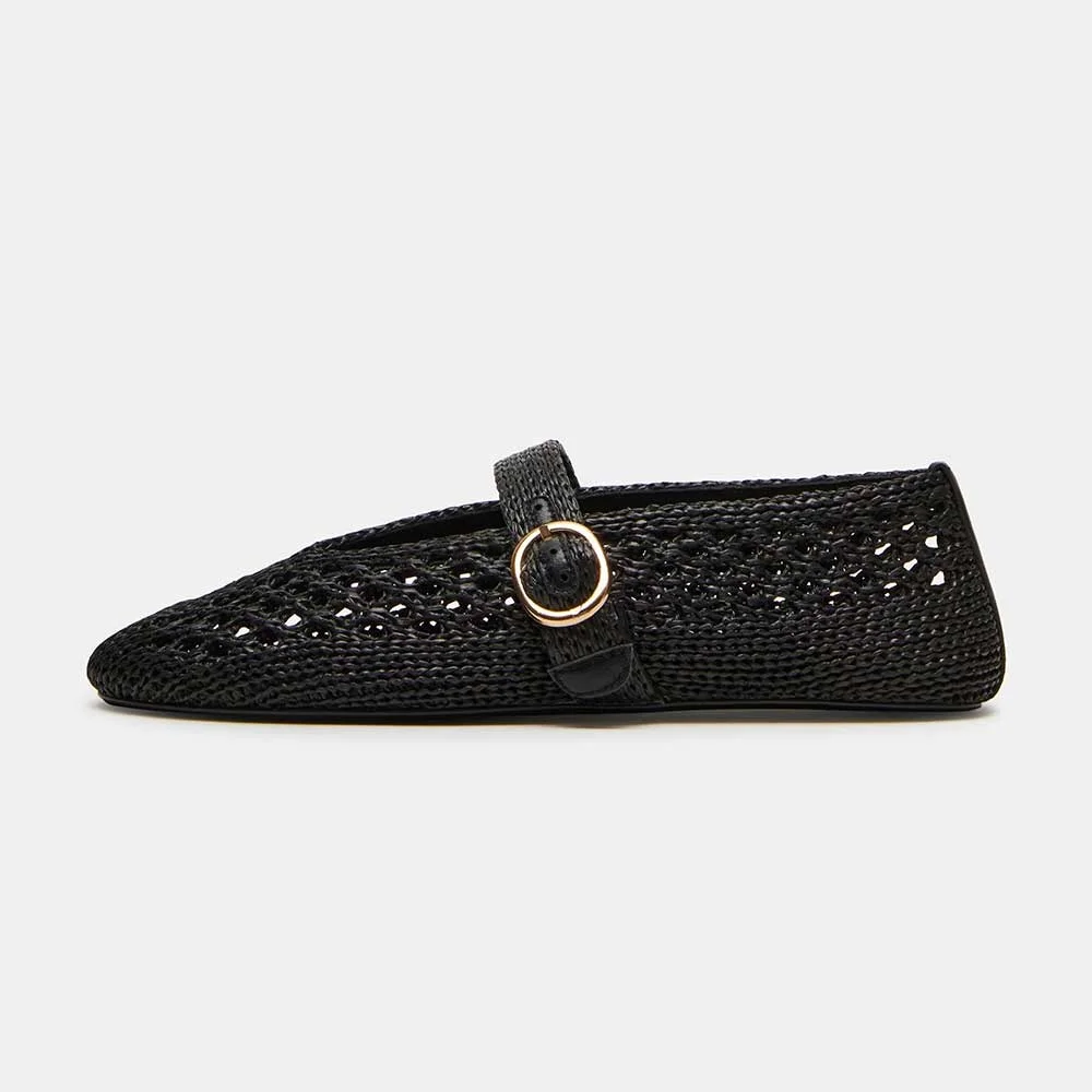 Black Raffia Round Toe Buckle Strap Mary Jane Flat Shoes Women