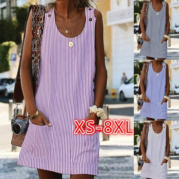 Women Summer Print Striped Casual Dress Tank Dress Vest T Shirt Blouse - Life is Beautiful for You - SheChoic