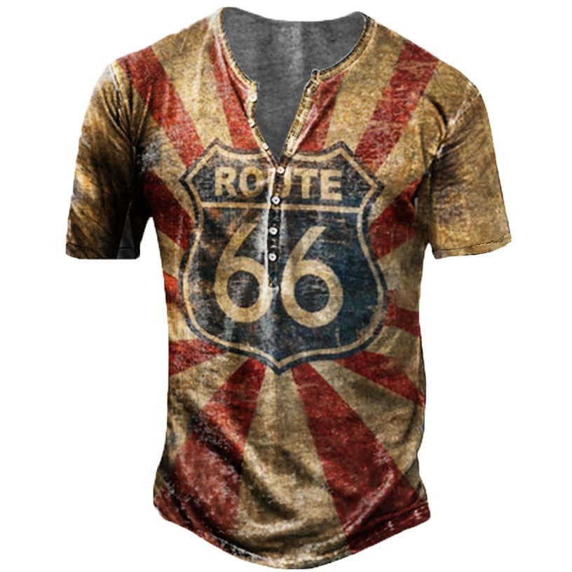Men's Vintage Route 66 Motorcycle Short Sleeve Henley Collar T-Shirt-Compassnice®