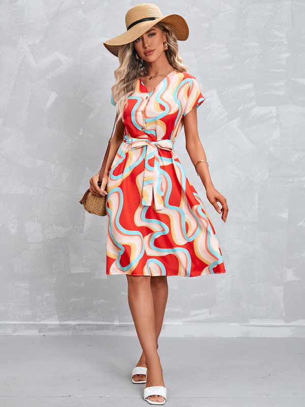 Mature Women Casual Summer New Printed Tie Short Sleeve Dress