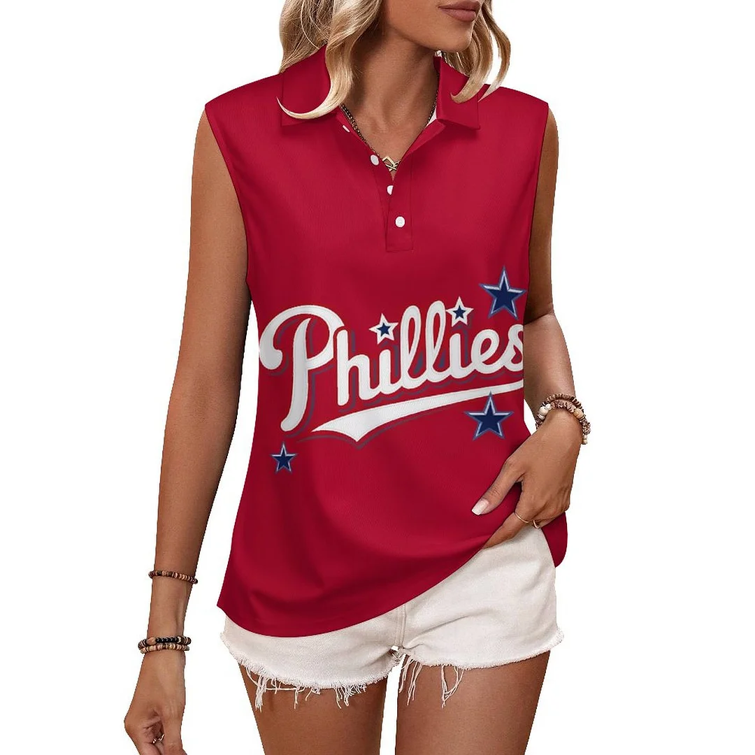 V-neck Sleeveless Casual POLO Shirt Tank Top for Women Printed with Pattern Philadelphia Phillies, Blue, Red