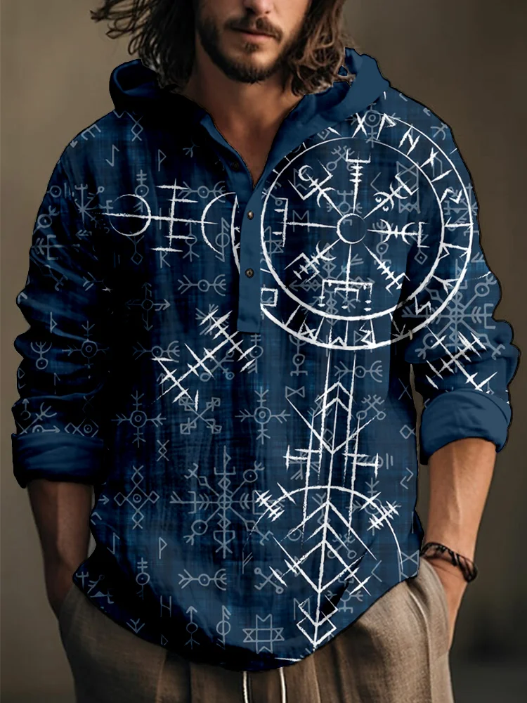 Men's Viking Compass Vegvisir Linen Blend Hooded Shirt