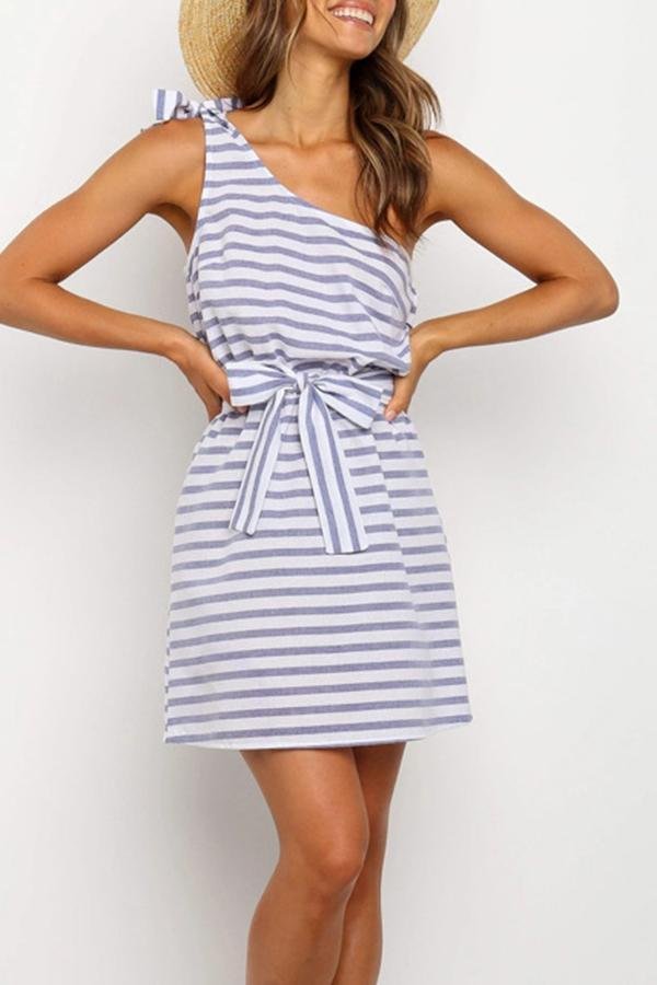 Sleeveless Striped Belted Mini Dress