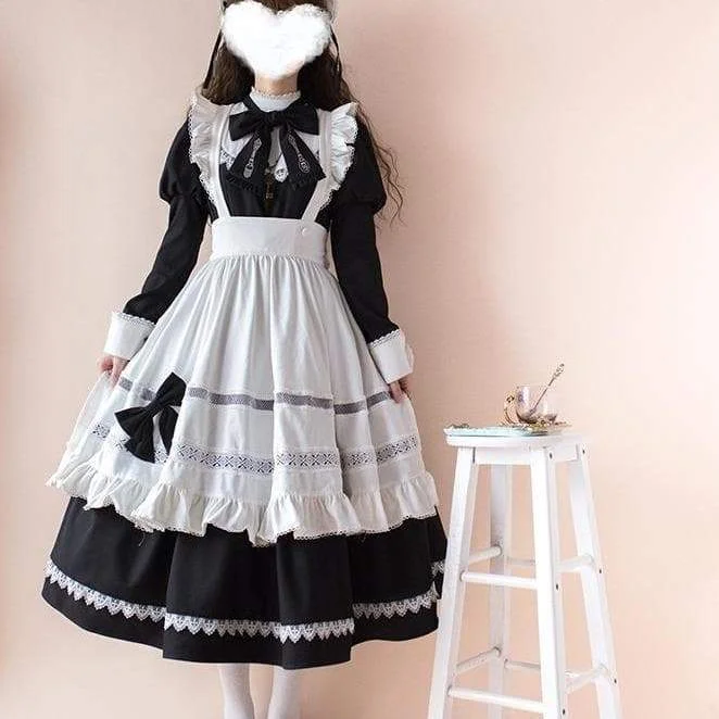 [Reservation] Black White Alice Housekeeper Lolita Bow Tie Vintage Maid Dress SP15929