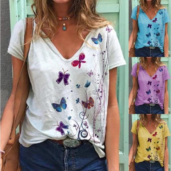 Summer Fashion Women's Printing Short Sleeve Graphic T Shirts Butterfly Printed Cotton Tee Shirt Plus Size - Chicaggo
