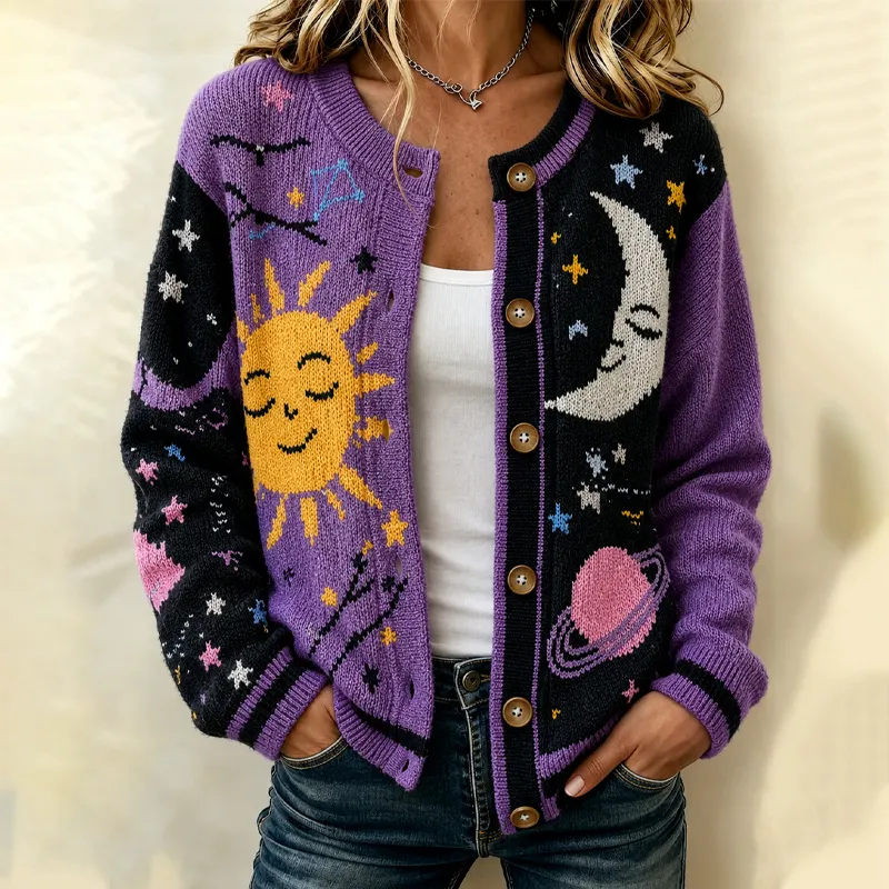 Comstylish Women's Casual Cardigan With Hippie Sun, Moon, And Star Print