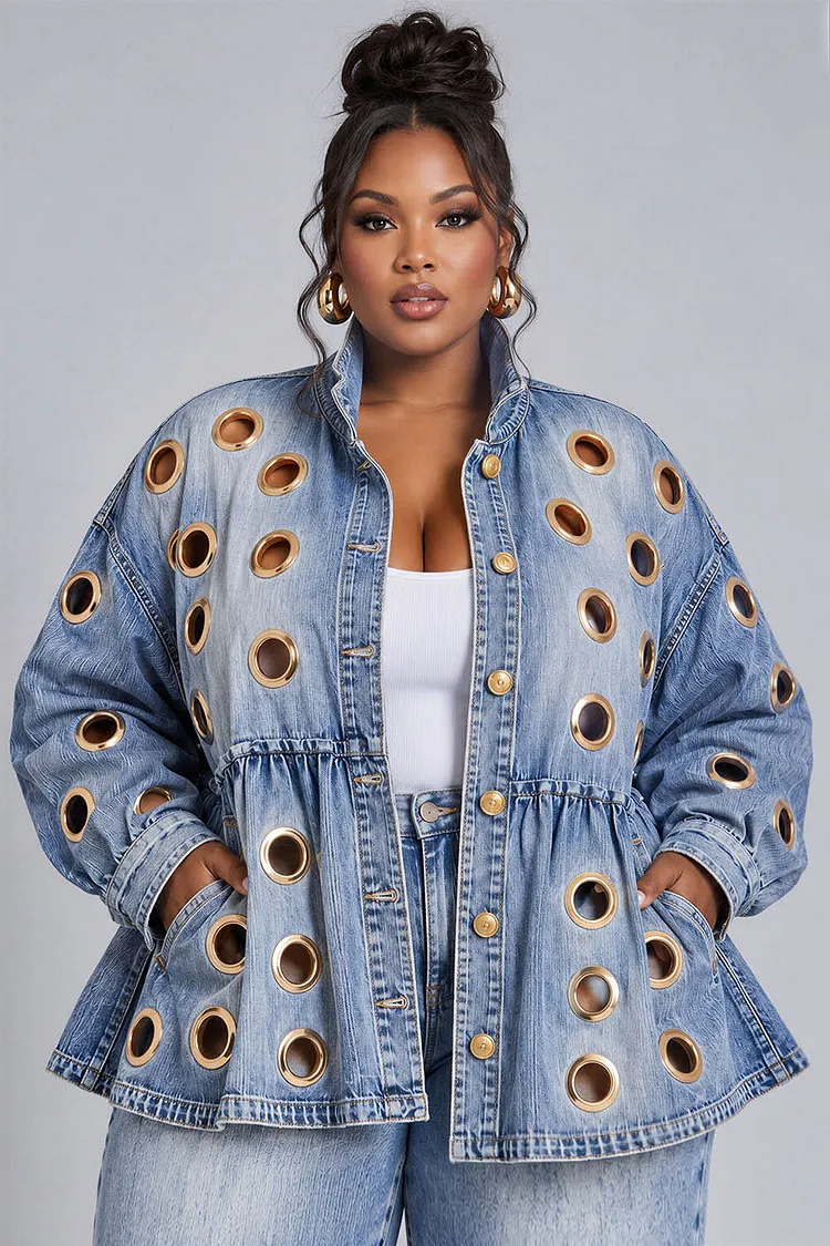 Xpluswear Design Plus Size Daily Blue Long Sleeve Cut Out Denim Jacket [Pre-Order] 2024 - Xpluswear
