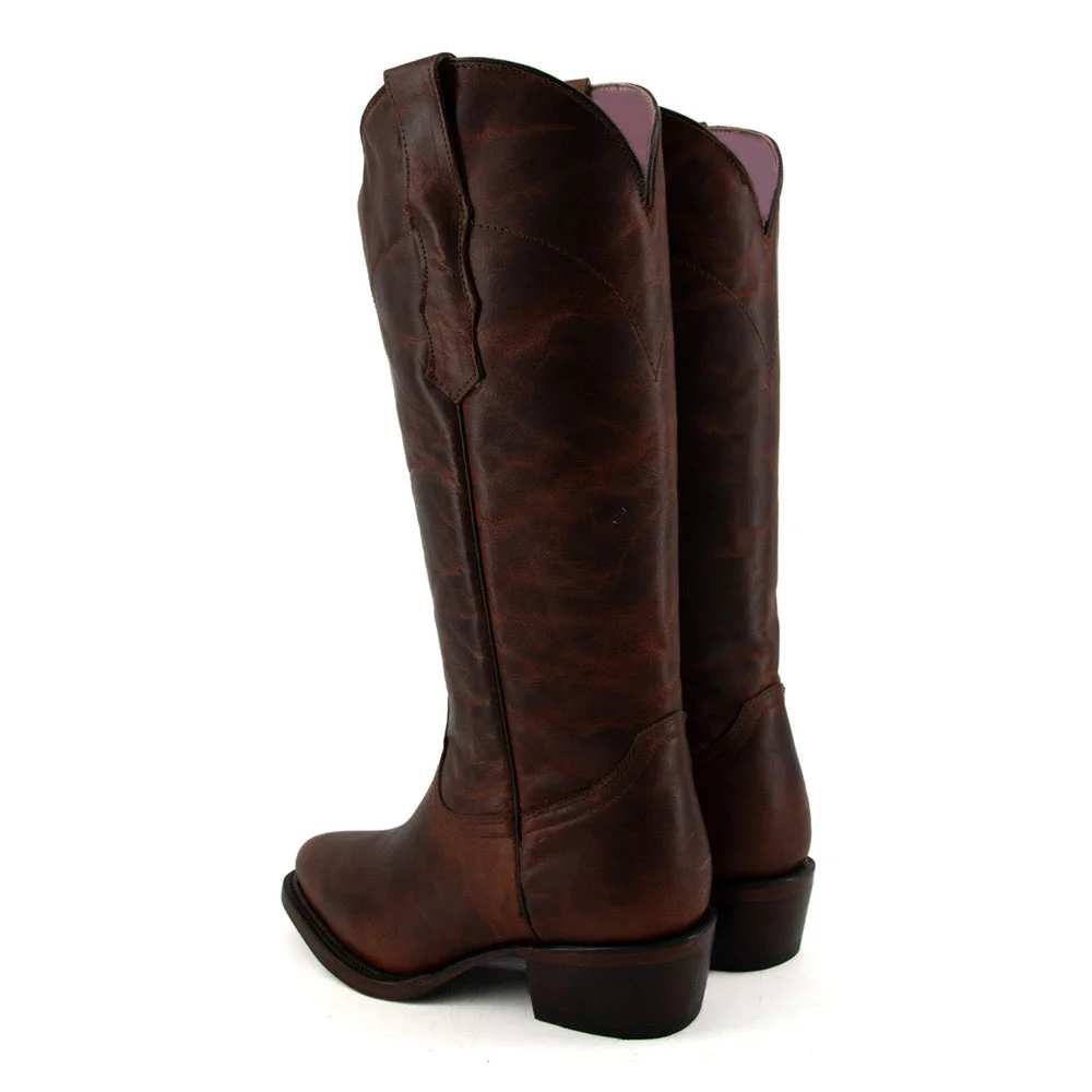 Brown Chunky Heel Round Toe Distressed Cowboy Boots for Women