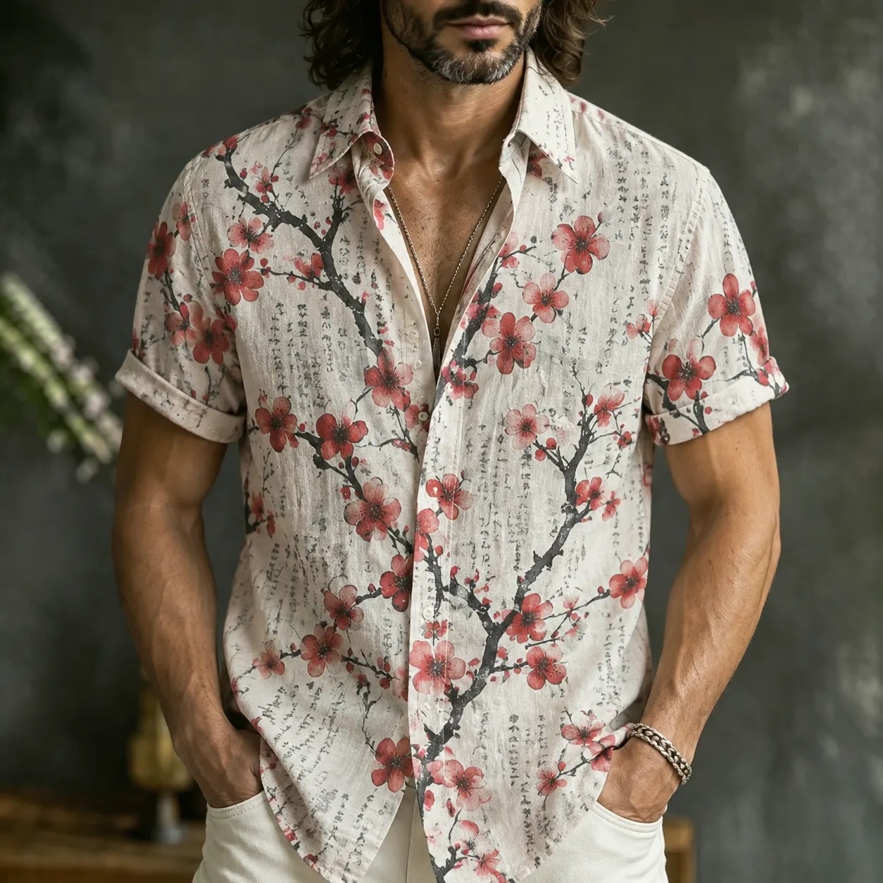 Men's Retro Cherry Blossom And Calligraphy Patterns Japanese Art Pattern Linen Blend Casual Short-sleeve Shirt  artssus