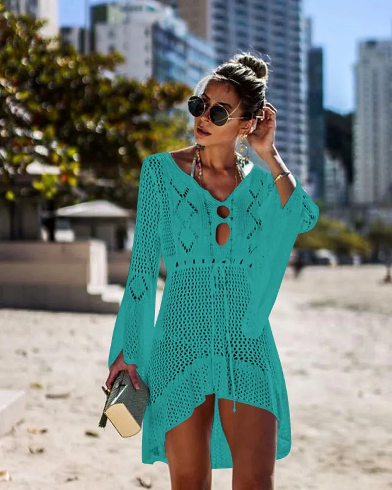 Crochet White Knitted Beach Cover up 2019 New Mujer Bikini Cover up Tunic Long Pareos  Swim Cover up Robe Plage Beachwear