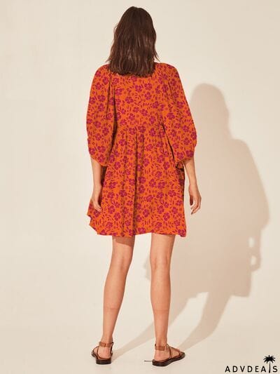 Floral Tie Neck Balloon Sleeve Dress